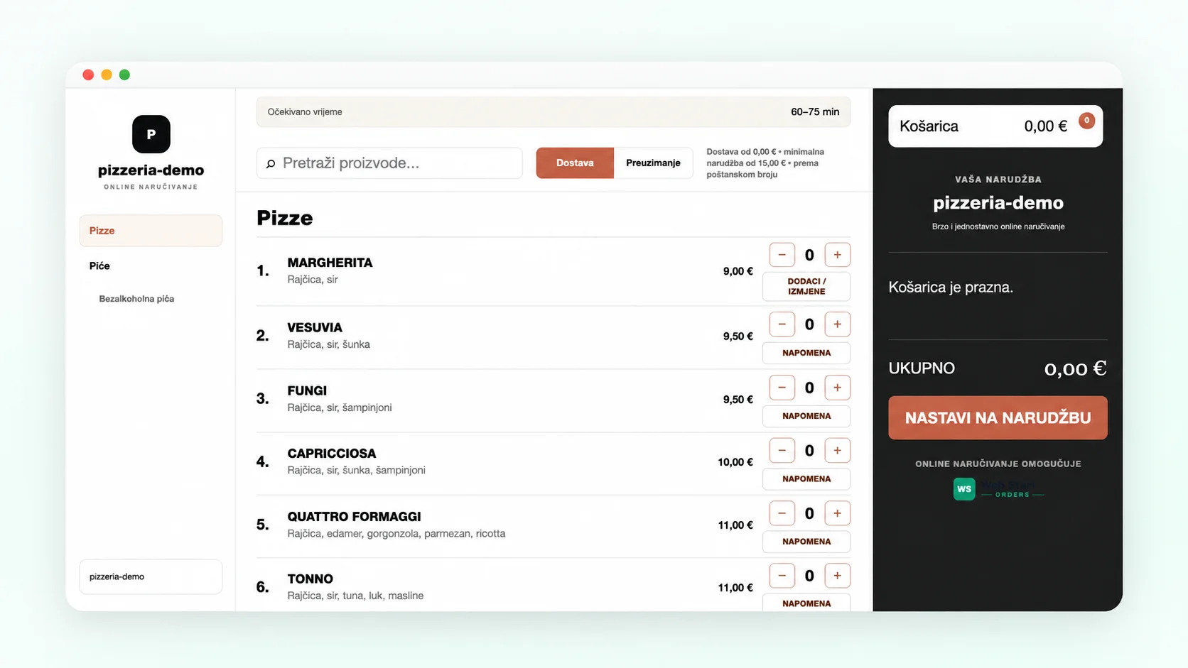 WSO prikaz online naručivanja proizvoda za pizzeriju